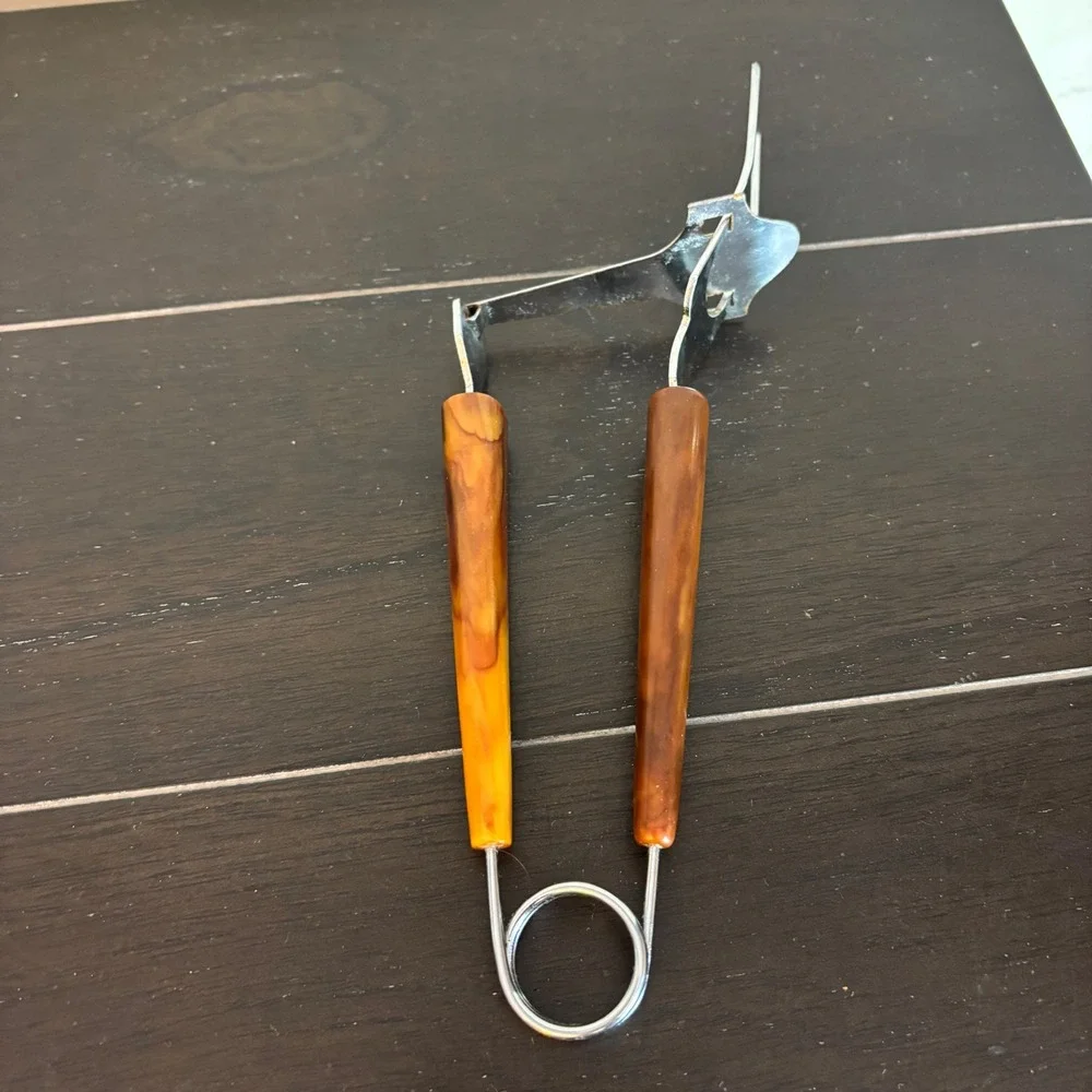 Vintage MCM Spring Action Serving Tongs | Bakelite | Marbled Amber Handles | 9